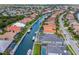 Gorgeous aerial view of community, canal, boats, backyard pools and homes with easy ocean access at 569 Mast Dr, Bradenton, FL 34208