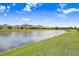 Picturesque backyard view featuring a tranquil pond and lush green lawn, enhancing the property's appeal at 9646 Ivory Dr, Ruskin, FL 33573