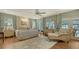 Spacious main bedroom with sitting area, access to porch, ceiling fan and water views at 1042 N Casey Key Rd, Osprey, FL 34229