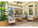 Comfortable screened-in patio featuring outdoor seating, a coffee table, and access to the home's interior at 12311 Newcastle Pl, Lakewood Ranch, FL 34202