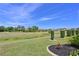 A serene backyard view featuring lush green grass, beautiful landscaping, and distant homes at 12811 Penguin Dr, Bradenton, FL 34212