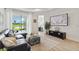 Living room featuring a leather sofa, an ottoman, and a view of the lake at 17885 Cherished Loop, Bradenton, FL 34211
