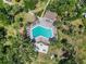 Aerial view of a community pool surrounded by lush landscaping, lounge chairs, and nearby trees at 672 White Pine Tree Rd # 57, Venice, FL 34285