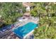Stunning aerial view of the sparkling pool area with ample seating and lush landscaping at 752 White Pine Tree Rd # 101, Venice, FL 34285