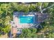 Aerial view of a refreshing community pool with lounge chairs and shaded seating areas at 752 White Pine Tree Rd # 101, Venice, FL 34285