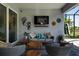 Outdoor living space featuring a TV, comfortable seating, and stylish decor, perfect for relaxation at 11713 Goldenrod Ave, Bradenton, FL 34212