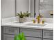 Close-up of bathroom vanity featuring gold hardware, modern faucet, and white countertop at 13319 Deep Blue Pl, Bradenton, FL 34211