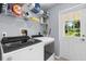 Laundry room with a new washer and dryer, storage shelves, and a windowed door to the outside at 1709 Kerman St, North Port, FL 34288