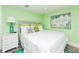 This bedroom offers a serene retreat with its white bedding, colorful art and cool-tone decor at 205 Elm Ave, Anna Maria, FL 34216