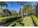 Lush backyard with a picturesque waterfront view, mature palm trees, and well-maintained landscaping at 3302 Sabal Cove Ln, Longboat Key, FL 34228