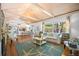 Open-concept living room featuring wood floors, a fireplace, and a view into the kitchen and dining area at 410 Garfield Dr, Sarasota, FL 34236