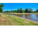 Picturesque pond view with lush green grass and trees under a clear blue sky, featuring a tranquil atmosphere at 12315 Canavese Ln, Venice, FL 34293