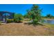 A serene backyard with a screened lanai, a small palm tree, and a view of the tranquil pond at 12315 Canavese Ln, Venice, FL 34293