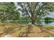 Lake view from stone patio with mature trees providing shade and natural beauty at 127 Mill E Run, Bradenton, FL 34212