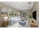 Inviting living room with bright white sofa, stylish decor, and a view of the outdoor patio at 127 Mill E Run, Bradenton, FL 34212