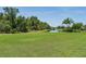 Expansive green backyard with a serene pond view and lush trees on a sunny day at 3806 155Th E Ave, Parrish, FL 34219