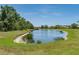 Scenic view of the tranquil pond surrounded by lush greenery and a sandy shoreline at 3806 155Th E Ave, Parrish, FL 34219