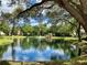 Calm pond view reflecting the clear blue sky, surrounded by trees, with a gazebo in the distance at 425 30Th W Ave # C204, Bradenton, FL 34205