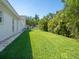 Spacious backyard with healthy, green grass and tropical trees, offering privacy at 172 Sea Anchor Dr, Osprey, FL 34229