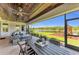 Relaxing covered patio overlooking backyard, equipped for outdoor dining, entertaining and peaceful relaxation at 2806 Starwood Ct, Lakewood Ranch, FL 34211