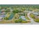 Aerial view of the home with a pool overlooking a tranquil pond in a lush, green community at 7912 Estates Dr, Sarasota, FL 34243