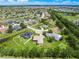 A beautiful aerial view of this single-Gathering home with a screened-in pool, lush landscaping, and serene water features at 9106 Yarberry St, Sarasota, FL 34240