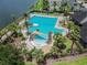 Aerial view of a luxurious community pool with lounge chairs, palm trees, and a lake at 11504 Splendid Ln, Tampa, FL 33626