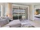 Cozy living room with sliding doors that lead to a screened lanai, pool and waterfront views at 12237 Longview Lake Cir, Bradenton, FL 34211