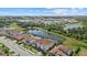 Aerial view showcases a neighborhood near a lake, highlighting the community's lush greenery and tranquil setting at 3415 Big Sky Way, Bradenton, FL 34211
