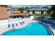Aerial view of a community pool and spa, complete with lounge chairs, barbeque area, and meticulous landscaping at 4505 45Th W Ave # 101B, Bradenton, FL 34210
