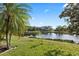 Scenic backyard featuring a tranquil pond, verdant lawn, and lush tropical landscaping at 6951 Scrub Jay Dr, Sarasota, FL 34241