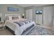 Serene bedroom featuring a cozy bed, a blue-themed rug, modern decor, and a bright, comfortable atmosphere at 709 84Th Nw St, Bradenton, FL 34209