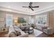 Living room featuring hardwood floors, neutral tones, plantation shutters, and comfortable seating at 12133 Forest Park Cir, Bradenton, FL 34211