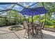The screened lanai features a water feature, a dining table with umbrella, chairs, and pavers at 12133 Forest Park Cir, Bradenton, FL 34211