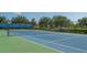 Close up shot of a green and blue fenced in tennis court at 12133 Forest Park Cir, Bradenton, FL 34211