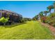 Expansive backyard with mature palm trees, flowering bushes, and manicured lawn at 1313 Thornapple Dr, Osprey, FL 34229