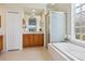 Bathroom features a tub, patterned glass shower, and vanity with wood cabinetry at 1313 Thornapple Dr, Osprey, FL 34229