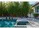 A luxurious pool area featuring a spa, bamboo backdrop, modern lounge chairs, and stylish water features at 1365 Harbor Dr, Sarasota, FL 34239