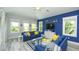Inviting living room featuring blue sofas, bright yellow pillows, and a decorative surfboard centerpiece at 212 Spring Ave, Anna Maria, FL 34216