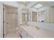 Bathroom featuring a walk-in shower, sink vanity, and bright skylight at 216 Tenacity Ln, Sarasota, FL 34242