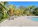 Outdoor pool area with lounge chairs and tables surrounded by lush palm trees, perfect for relaxation at 5283 Descanso Ct # 101B18, Sarasota, FL 34238