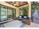 Covered and screened lanai with comfortable seating and ceiling fan overlooking the pool and yard at 5503 Title Row Dr, Bradenton, FL 34210