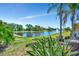 Picturesque lake view with a fountain and surrounding greenery at 3103 77Th E Dr, Sarasota, FL 34243
