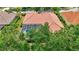 Aerial view showcases the home with screened-in pool and privacy from mature trees at 4730 Old Farm Rd, Sarasota, FL 34233