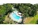 Aerial view of a community pool and jacuzzi with lounge chairs, landscaping, and mature palms and shade trees at 564 Lakeside Dr # 564, Bradenton, FL 34210