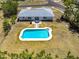 Aerial view showcasing a home with a refreshing pool and an inviting outdoor patio seating area at 6698 Acmar Ct, North Port, FL 34287