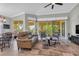 Bright living room with ceiling fan, comfortable seating, and sliding doors to a screened balcony with lush views at 927 River Basin Ct # 201C, Bradenton, FL 34212