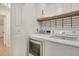 Convenient laundry room with modern washer and dryer, decorative tile backsplash and storage at 928 Sunridge Dr # F2, Sarasota, FL 34234