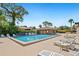 A tranquil community pool featuring sun loungers for relaxing and enjoying the sun with shady green trees surrounding at 928 Sunridge Dr # F2, Sarasota, FL 34234