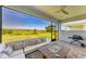 Relaxing screened lanai with modern seating, a cozy fire pit, and picturesque backyard views at 1007 Waterline Ct, Sarasota, FL 34240